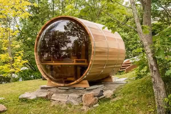 FENYA Factory Customized Luxury Outdoor Barrel Sauna with Panoramic Acrylic Dome Front